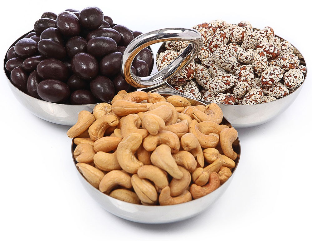 Sweet n' Savory Nuts on a Silver Plated Relish Dish